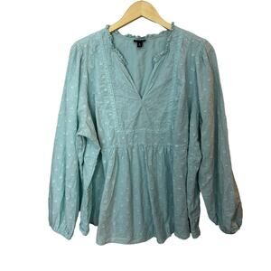 Torrid Embroidered Floral Clip Dot Cotton Top Womens 3X Blue Bohemian V Neck